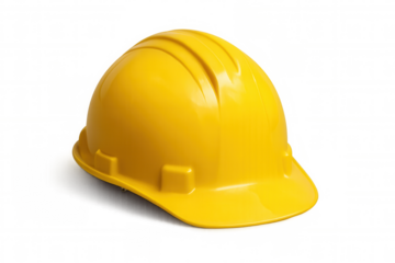 Hard hat protecting industrial worker, sitting on transparent surface, highlighting workplace safety standards with bright yellow protective headgear