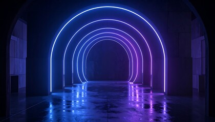 A futuristic, dark arched tunnel glows with vibrant neon lights, casting reflections on the wet floor. The scene has a minimalist aesthetic