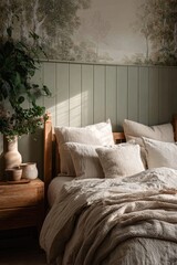 A serene bedroom features a wood bed with creamy linen bedding, a wood nightstand, and a calming nature-themed wall mural. Sunlight streams in
