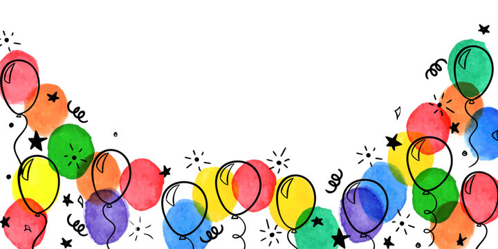 birthday banner. frame hand drawn cartoon watercolor balloons symbols of birthday party. design holiday greeting card and invitation of birthday and holidays background