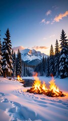 Winter campfire scene in snowy forest, mountains at sunset