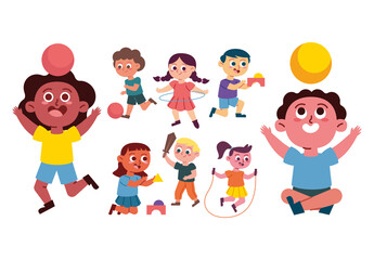 Colorful Kids Playing Outdoor Activity Childhood Illustrations Set