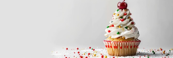 Holiday cupcake with cream frosting and cherry topper featuring Christmas tree decor. Happy New Year. Horizontal banner. Copy space. For coffee shop, pastry, bakery, bar, restaurant