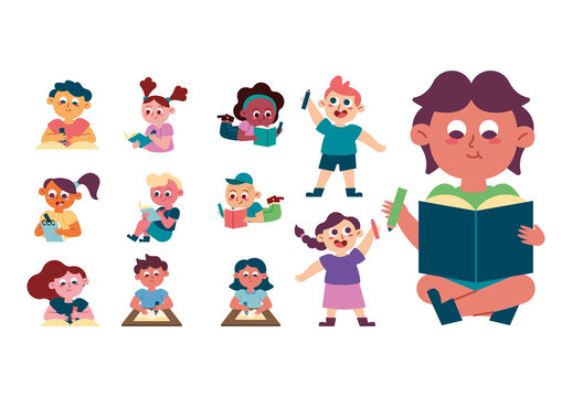 Colorful Kids Writing School Learning Education Illustrations Set