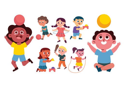 Colorful Kids Playing Outdoor Activity Childhood Illustrations Set