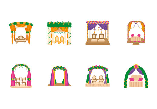 Colorful Wedding Mandap Stage Hindu Decoration Illustrations Set