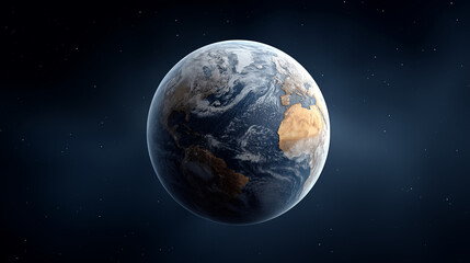 Fototapeta premium Earth planet viewed from space showing continents and clouds against dark starry sky background, global warming and climate change concept