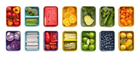 Colorful assorted food in divided containers
