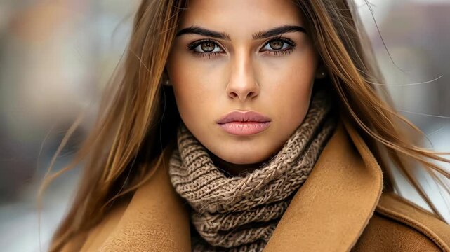Poised Beauty: Captivating portrait of a woman exudes poise and elegance, her expressive eyes and refined features against a soft-focus backdrop, embodying timeless beauty and understated grace.