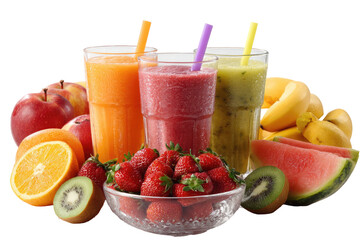Colorful fruit smoothies in tall glasses, surrounded by fresh produce
