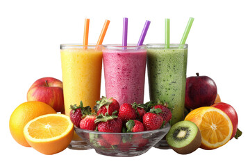 Three colorful smoothies with fruit