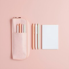 Minimal flat lay of pastel stationery set with pencil case, colorful pens, and blank notebook on soft pink background, creative workspace and school supply concept