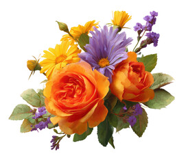 Vibrant bouquet of orange roses, yellow daisies, and purple flowers (2)