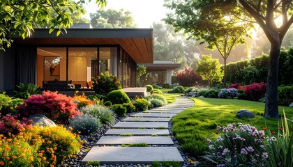 Obraz premium Exquisite residence blends modern design with lush landscaped gardens