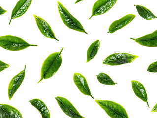 Fresh green tea leaves scattered on a black background (1)