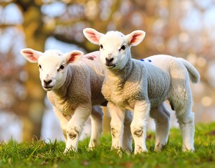 Fototapeta premium Two adorable lambs in a spring meadow