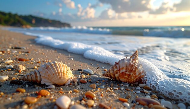 Seashells on a sandy beach at sunrise (1) - Powered by Adobe