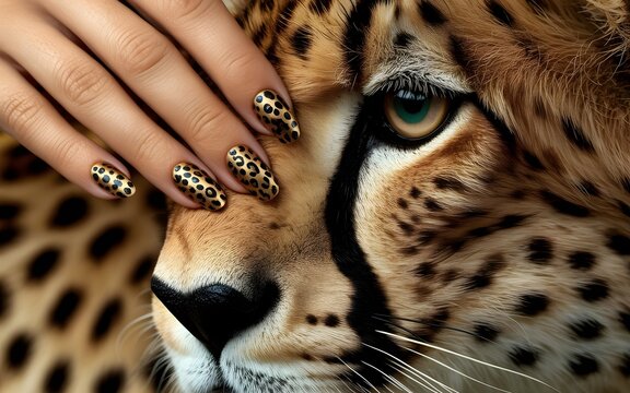 Cheetah Print Manicure and Big Cat Close-up: Fierce Beauty Concept

Luxury Leopard Nail Art Matching Cheetah Fur Texture

Animal Print Beauty Photography: Hand with Wild Cheetah Background

Bold Cheet