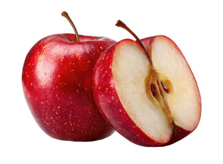 Two red apples, one whole, one halved, displayed against a black background.  The halved apple reveals a crisp, white interior with seeds