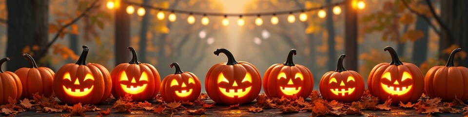Glowing jack-o'-lanterns in autumn forest setting with string lights at dusk