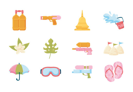 Yellow And Green Songkran Water Festival Holiday Celebration Illustrations Set
