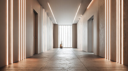 Fototapeta premium Beige texture with vertical lights, minimal surface, and studio lighting. Suitable for virtual office backgrounds, branding, or video presentations.