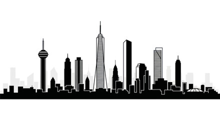 Obraz premium Sleek urban skyline silhouette displaying a variety of modern skyscrapers and towers evoking