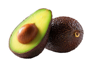 Two halved avocados, one whole, displayed against a black background.  The halved avocados reveal a vibrant green flesh and a brown pit.  The whole avocado is a dark, rich brown
