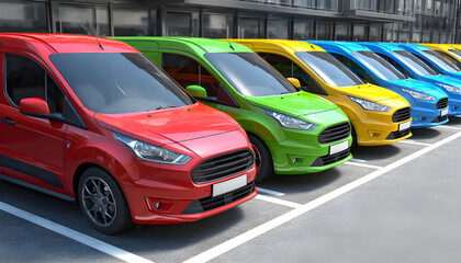 Generic row of new vans in a parking bay ready for purchase 3d render
