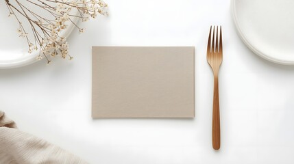 Minimal table setting with blank card mockup, golden fork, ceramic plate, and dried flowers on white background, elegant design template for restaurant, menu, or event branding.