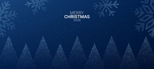 Merry Christmas 2026 message with dotted snowflake and christmas tree design on a dark blue background for holiday greeting card.