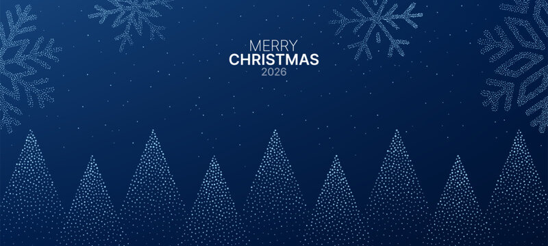 Merry Christmas 2026 message with dotted snowflake and christmas tree design on a dark blue background for holiday greeting card.