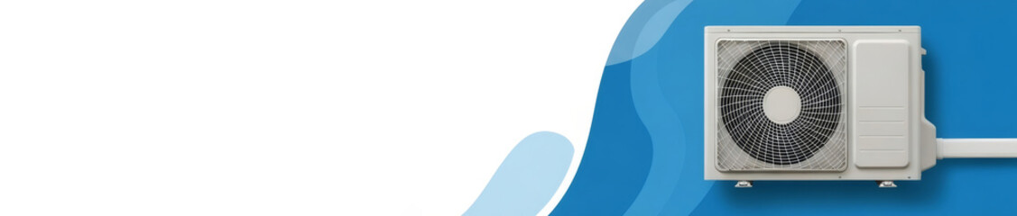 Air conditioner outdoor unit on a blue wall with white and blue wavy background and copy space.