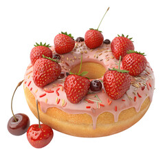 Strawberry Donut: Delicious Pastry, Pink Glaze, Fresh Berries, Dessert Photography on transparent background
