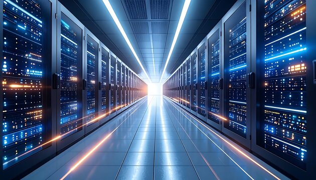 A futuristic data center corridor with servers lining walls and bright lights leading to the end. Reflective floor