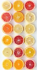 A vibrant vertical arrangement of citrus fruit slices, including lemons, oranges, and blood oranges, neatly positioned against a bright white background