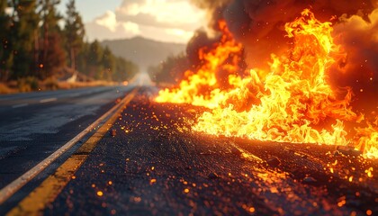 Fototapeta premium Inferno on the highway: A fiery road blocking emergency scene visual