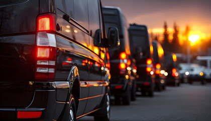 Fototapeta premium Many black luxury vans parked in a row at a car dealership with a close up view of the tail lights against a sunset Fleet of vans for commercial cargo transportation and VIP charters Copy space