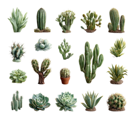 Variety of succulents and cacti, various shapes and tones