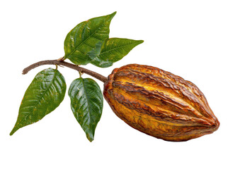 A cacao pod, attached to a branch with vibrant green leaves, is prominently featured. The pod displays a rich, golden-brown hue, exhibiting deep ridges, against a stark black background