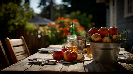 Freshly picked apples arranged on a wooden table in a cozy garden during a sunny afternoon gathering