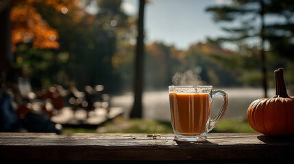 Warm beverage with steam sits on wooden ledge near lake in autumn afternoon with colorful leaves and pumpkin nearby