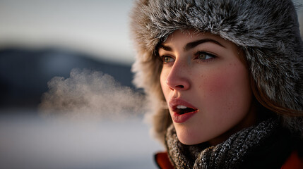 Woman breathing in cold air surrounded by winter landscape at sunset with a cozy fur hat