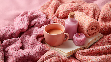 Cozy afternoon setup with pink tones featuring a warm drink, book, and candle on soft blankets