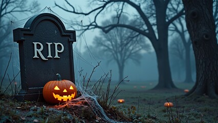 Spooky autumn graveyard with jack-o'-lantern and foggy atmosphere at dusk