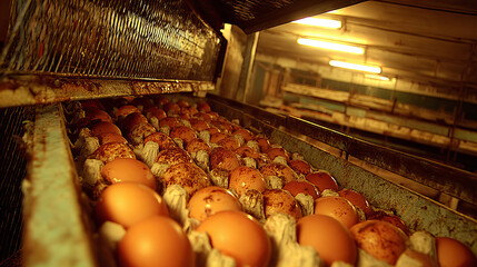 Egg production facility showcasing fresh eggs in a well-organized setting during daytime operations