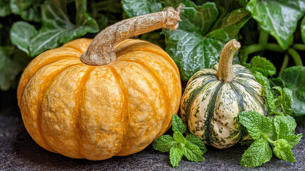 Colorful pumpkins and fresh mint leaves on a stone surface surrounded by greenery in autumn season