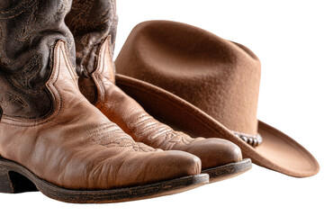 Pair of worn cowboy boots and hat