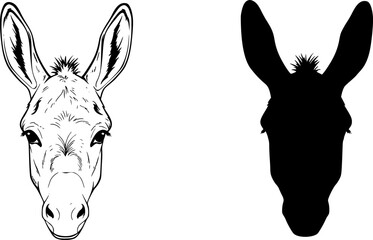 Illustration showing a donkey face and a donkey silhouette in black and white color scheme design editable vector
