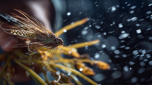 Detailed handcrafted fishing fly with brown and gold feathers against dark water background, showcasing intricate fly fishing lure artistry in outdoor sport setting - Powered by Adobe